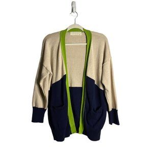 Pan Women's Open Front Knit Cream/Blue Long Sleeve Cardigan